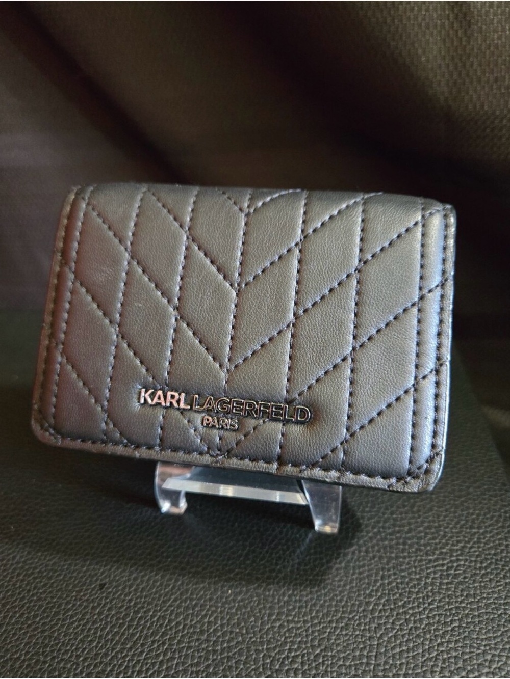 Karl Lagerfeld Black Quilted Chevron Leather Card Case Can be Crossbody